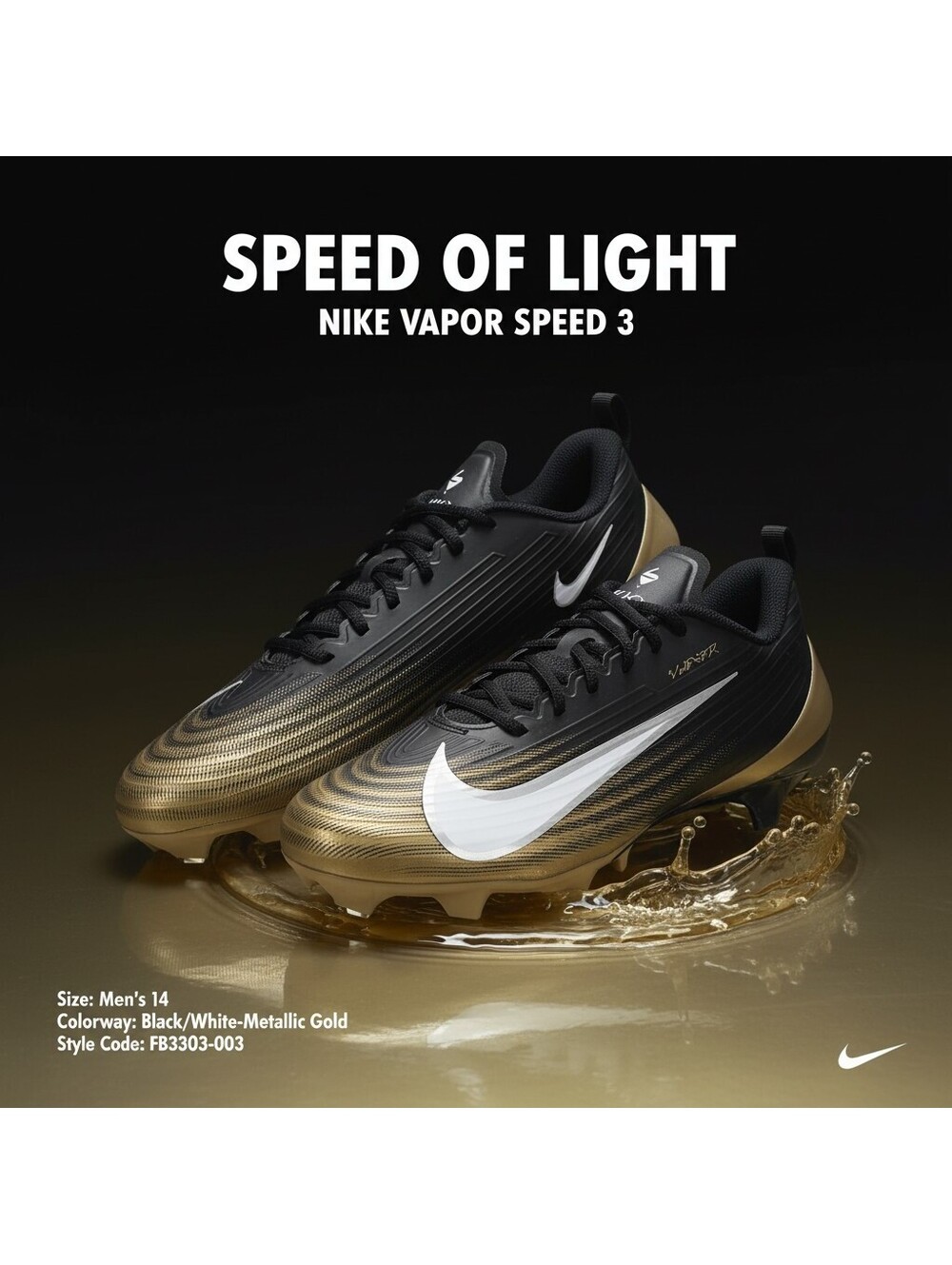 Nike Vapor Speed 3 Football Cleats Men's 14 NWOB Black Gold FB3303-003 2025